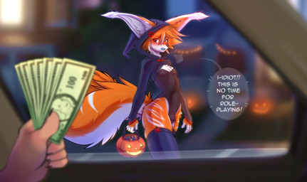 2_tails anthro big_ears blush bodysuit bow_tie breath bulge clothing femboy fur hair holidays hood jack-o'-lantern legwear male markings money multi_tail orange_body orange_fur orange_hair skinsuit solo speech_bubble stockings sweets tail tight_clothing shudayuda halloween vulthrin canid canine fennec_fox fox hybrid mammal true_fox absurd_res hi_res