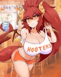 big_breasts bodily_fluids bottomwear breasts cleavage clothed clothing female hair horn hotpants huge_breasts midriff off_shoulder red_body red_hair red_scales scales shirt shorts solo sweat tail tank_top text text_on_clothing text_on_shirt text_on_tank_top text_on_topwear topwear yellow_eyes bebatch hooters mythology vtuber zentreya animal_humanoid dragon dragon_humanoid horned_humanoid humanoid mythological_creature mythological_scalie scalie tailed_humanoid english_text hi_res