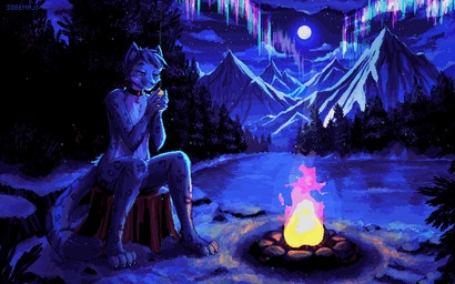 anthro aurora_(phenomenon) biped black_body black_fur campfire claws collar collar_tag container cup detailed_background duo finger_claws full_moon fur grey_body grey_fur half-closed_eyes holding_container holding_cup holding_mug holding_object leopard_spots male moon mountain mug multicolored_body multicolored_fur narrowed_eyes outside paws sitting sitting_on_tree_stump snow spots toe_claws tree_stump sogemaji felid mammal pantherine snow_leopard 16:10 2026 animated digital_media_(artwork) hi_res pixel_(artwork) pixel_animation widescreen