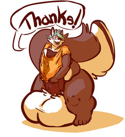 anthro balls big_balls big_penis big_tail bodily_fluids bottomless clothed clothing countershading covering_genitalia cum fluffy fluffy_tail genital_fluids genitals hair huge_balls huge_penis hyper hyper_balls hyper_genitalia hyper_penis leaking_cum looking_at_viewer male overweight overweight_male pear-shaped_figure penis penis_through_clothing shirt smile solo speech_bubble t-shirt tail talking_to_viewer text topwear wide_hips joebluefox joe_(joebluefox) canid canine fox mammal english_text