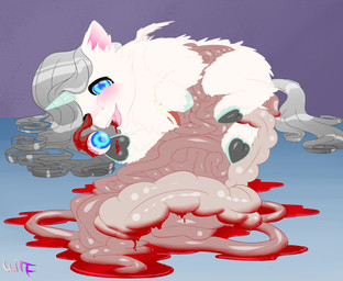 blood blood_on_tongue blue_eyes blue_hooves blue_horn blush bodily_fluids crying death dying eye_gouge eyeball female female_feral feral fur gore gore_focus grey_hair grey_tail guts gutted hair hooves horn intestines looking_pleasured lying on_side organs pink_inner_ear quadruped simple_background snuff solo tail tears tears_of_pleasure text tongue tongue_out white_body white_fur white_wings wings young young_female young_feral whatthefluff fluffy_pony mythology equid equine fluffy_pony_(species) mammal mythological_creature mythological_equine winged_unicorn artist_name digital_media_(artwork) flat_colors hi_res