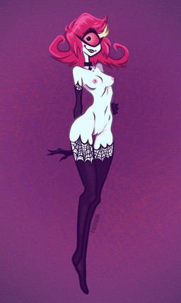 armwear boots breasts clothing collar female footwear genitals hair legwear nipples not_furry open_mouth open_smile red_hair sharp_teeth shoes small_breasts smile solo teeth text thick_thighs vulva white_body fawnoir third-party_edit hazbin_hotel hellaverse niffty_(hazbin_hotel) cyclops demon demon_humanoid humanoid hi_res