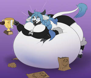 anthro award belly big_belly big_breasts biped blush breasts clothed clothing expansion female fur hair huge_belly huge_breasts hyper hyper_belly inflation open_mouth piercing simple_background solo thick_thighs topwear trophy weight_gain swatchfodder bovid bovine cattle mammal 2025 digital_media_(artwork) hi_res