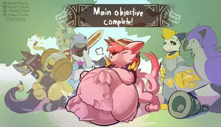 accessory after_vore ambiguous_gender anthro armor bag barrel bell blonde_hair bodily_fluids bomb breath duo_focus explosives facepalm feathers feral forest forest_background fully_inside fur furgonomics gameplay_mechanics green_insides group hair leaning_on_belly long_tail machine male male/male melee_weapon nature nature_background oral_vore pink_body pink_fur plant purple_body purple_feathers red_body red_fur rumbling_stomach shield sweat sweatdrop sword tail tail_accessory tail_bag tight_belly tight_bulges tree vore weapon howzit_toyah capcom monster_hunter plusho avian bird_wyvern canid canine canis domestic_cat felid feline felis flying_wyvern mammal protogen rath_wyvern rathalos seikret wolf hi_res