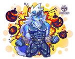 abs anthro belt biceps clothed clothing fingerless_gloves food fruit fur gloves hair handwear holidays jack-o'-lantern male multicolored_body multicolored_fur muscular muscular_anthro muscular_arms muscular_male pecs plant pumpkin simple_background solo text wolfmalro halloween nintendo pokemon cheong_hwan canid canine canis generation_7_pokemon lycanroc mammal pokemon_(species) wolf 2019 digital_media_(artwork)