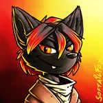 anthro big_ear big_ears big_eyes black_body black_fur black_hair black_nose clothing fur glowing glowing_eyes hair jacket looking_at_viewer profile red_body red_eyes red_fur red_hair scarf shaggy_hair solo topwear white_scarf softailfox felid mammal pantherine 1:1 icon