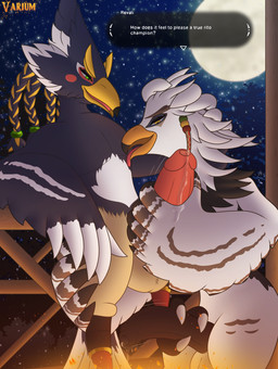 anthro balls beak big_balls big_penis blue_body blue_feathers bodily_fluids claws cum cum_drip dialogue dripping duo erection feathers feet foot_fetish foot_play footjob genital_fluids genitals hand_on_penis humanoid_genitalia humanoid_penis leaking leaking_cum leaking_precum leaning licking male male/male moon night nude open_mouth oral outside penile penis plant precum sex smile snow speech_bubble star tail talonjob talons text throbbing throbbing_penis toes tongue tongue_out tree white_body white_feathers wings conditional_dnp varium breath_of_the_wild nintendo the_legend_of_zelda revali teba_(tloz) avian bird mammal rito digital_media_(artwork) english_text hi_res