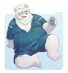 alcohol anthro beer belly beverage big_belly blush can container eyewear fur glasses humanoid_hands jinbei_(clothing) kemono male moobs navel nipples overweight overweight_male simple_background sitting solo white_body white_fur seamonsterping bear mammal 2023 absurd_res hi_res