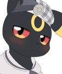 ambiguous_gender blush clothed clothed_feral clothing feral fur grey_body grey_fur hat headgear headwear holowear_(pokemon) looking_at_viewer red_eyes simple_background solo white_background rael nintendo pokemon pokemon_unite checkered_style_umbreon canid eeveelution generation_2_pokemon mammal pokemon_(species) umbreon 2023 digital_media_(artwork) headshot_portrait hi_res portrait reaction_image