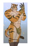 abs anthro bulge clothed clothing detailed_bulge fur genital_outline gloves half_gloves handwear male muscular muscular_anthro muscular_male orange_body orange_fur pecs penis_outline skimpy solo striped_body striped_fur stripes thong underwear yiffersniffer epic_games fortnite oscar_(fortnite) felid mammal pantherine tiger 2023 hi_res