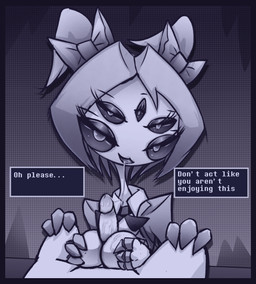 anthro big_breasts big_eyes black_border bodily_fluids border breast_play breasts clothing cum erection eyelashes fangs female genital_fluids genitals hair looking_at_viewer male male/female multi_arm multi_eye multi_limb not_furry nude open_mouth penis sex simple_background smile teeth text titfuck tongue warlocke undertale undertale_(series) muffet arachnid arthropod spider black_and_blue digital_media_(artwork) english_text hi_res monochrome