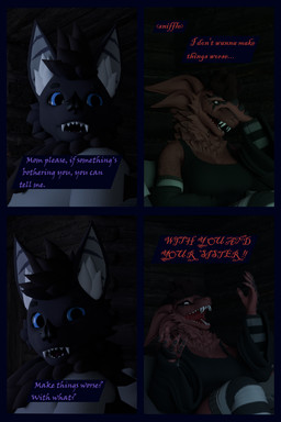 anthro arm_warmers armwear blue_eyes bottomwear clothing confusion dialogue distressed female fur leg_warmers legwear male origin_spceies purple_body purple_fur red_body red_fur robe shirt shorts text topwear yelling flailingfornication bat mammal 2:3 3d_(artwork) absurd_res comic digital_media_(artwork) english_text hi_res mother_(lore) parent_(lore) son_(lore)