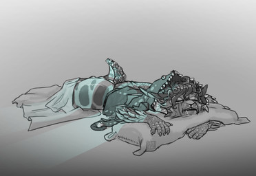 ambiguous_gender anthro bed bedding biped blanket bodily_fluids bottomless clothed clothing drooling feathered_arms furniture hoodie hoodie_only lying on_bed on_front pillow saliva scuted_arms scutes sleeping solo sucker_(anatomy) tentacles topwear topwear_only whiskers 0ct0m0n0 felid hybrid mammal species_request digital_media_(artwork) partially_colored