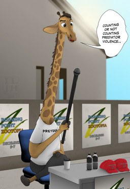 anthro black_bottomwear black_clothing black_pants bottle bottomwear chair clothing coffee_cup container cup dark_humor desk dialogue electronics furniture hat headgear headwear holding_microphone holding_object imminent_death long_neck male microphone office_chair on_chair outside pants political_cartoon politics poster_(object) red_clothing red_hat red_headwear shirt sitting sitting_on_chair solo speech_bubble t-shirt table text text_on_clothing text_on_hat text_on_headwear text_on_t-shirt topwear united_states_of_america white_clothing white_shirt white_t-shirt white_topwear ilovejudyhopps disney turning_point_usa zootopia charlie_kirk giraffe giraffid mammal 2025 absurd_res english_text hi_res