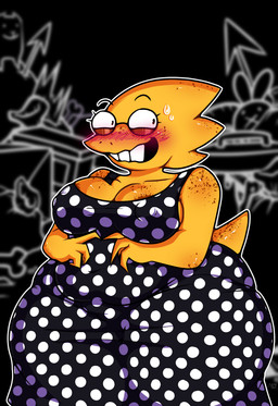 anthro areola areola_slip belly belly_overhang big_belly big_breasts black_clothing black_dress black_eyes blush blush_lines blushing_profusely bottom_heavy breasts brown_areola cleavage clothed clothing deep_navel dotted_dress dress eyelashes eyewear female freckled_areola freckled_arms freckled_breasts freckled_face freckled_shoulders freckled_tail freckles front_view glasses navel navel_outline nipple_outline nipples non-mammal_breasts non-mammal_navel non-mammal_nipples overweight overweight_anthro overweight_female pattern_clothing pattern_dress scales solo tail thick_thighs wide_hips yellow_body yellow_scales meryo undertale_(series) alphys scalie hi_res