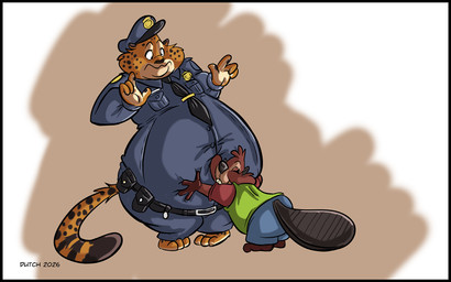 anthro beaver_tail belly belly_hug belt belt_buckle belt_pouch big_belly black_border border bottomwear buckle buckteeth clothed clothing duo eyes_closed female fur hat headgear headwear hug hugging_belly male markings mouth_closed necktie obese obese_anthro obese_male overweight overweight_anthro overweight_male pants police police_badge police_hat police_uniform shirt size_difference smile spots spotted_body spotted_fur tail teeth topwear uniform vest wide_eyed dutch_(artist) disney zootopia benjamin_clawhauser nibbles_maplestick beaver cheetah felid feline mammal rodent 16:10 2026 hi_res signature widescreen