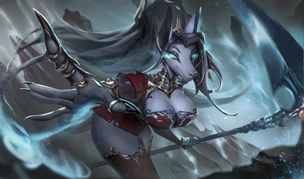 anthro big_breasts black_hair breasts clothed clothing detailed_background eyelashes female front_view glowing glowing_eyes grey_body grey_breasts hair holding_melee_weapon holding_object holding_polearm holding_scythe holding_weapon legwear long_hair looking_at_viewer magic_user melee_weapon mouth_closed polearm red_clothing red_legwear red_topwear rock scythe solo standing topwear unsigned weapon shermugi species_request 2021 portrait three-quarter_portrait
