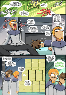 barrel brown_hair dialogue duo eyewear glasses hair inside male not_furry orange_hair profanity speech_bubble text vale-city human mammal 2025 absurd_res comic english_text hi_res