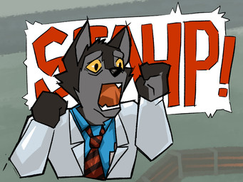 anthro biped black_body black_fur blue_clothing blue_shirt blue_topwear clothed clothing coat collared_shirt exclamation_point eye_bags eyebrows fist fur grey_body grey_fur humor lab_coat mad_scientist male multicolored_body multicolored_fur necktie open_clothing open_mouth open_topwear pupils raised_fist raised_hand scared scientist screaming shirt slit_pupils solo text topwear tuft two_tone_body two_tone_fur yellow_eyes gnull half-life valve valve_corporation janusz canid canine canis hybrid mammal wolf wolfdog 2024 4:3 digital_drawing_(artwork) digital_media_(artwork) english_text reaction_image