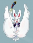 anthro anus blush butt clothing exposed feet female genitals gun hindpaw laser navel open_mouth paws pussy ranged_weapon shocked smile solo torn_clothing weapon sssonic2 cupcake_(oriole) lagomorph leporid mammal rabbit digital_media_(artwork) hi_res