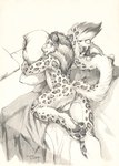2021 4_toes anthro anus backsack balls bed feet felid fur furniture genitals graphite_(artwork) greyscale hair hi_res looking_back male male_anthro mammal mane markings monochrome nude pantherine pencil_(artwork) pillow plushie scale_(artist) snow_leopard solo spots spotted_markings toes traditional_media_(artwork) whiskers