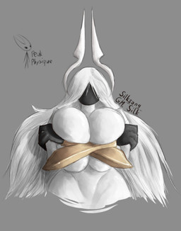 big_breasts black_face black_hands breasts covering covering_breasts crossed_arms featureless_face female hair halo long_hair simple_background solo white_body white_hair yourstrulygarbage hollow_knight:_silksong hollow_knight_(franchise) team_cherry grand_mother_silk deity humanoid absurd_res hi_res