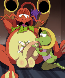 antennae_(anatomy) anthro aroused aroused_face aroused_smile balls balls_blush bandage bent_leg big_balls big_penis blush body_blush brass_instrument collar detailed_background duo feet fellatio genitals green_body green_skin hair half-closed_eyes hand_behind_head hand_on_belly hand_on_body huge_balls huge_penis kneeling leaf leaf_clothing leaf_collar looking_at_another looking_at_genitalia looking_at_partner looking_at_penis looking_down looking_down_at_partner looking_pleasured lying male male/male membrane_(anatomy) muffled muffled_speech multicolored_body musical_instrument narrowed_eyes navel open_mouth oral orange_eyes orange_sclera overweight overweight_anthro overweight_male penile penis penis_in_mouth purple_hair raised_leg red_body red_skin sex sharp_teeth short_tail sitting sitting_on_ground size_difference skinny skinny_anthro skinny_male speech_bubble spread_legs spreading tail teeth toes tongue two_tone_body uvula webbed_feet webbed_hands whiskers wind_instrument yellow_sclera vorechestra bandai_namco digimon digimon_adventure toei_animation amphibian digimon_(species) frog gekomon shogungekomon toad absurd_res hi_res textless