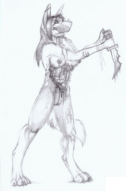anthro blood bodily_fluids disembowelment female genitals gore gore_focus hair knife mask muzzle_(object) muzzled nipples piercing self-harm simple_background solo tail vulva white_background xotox canid canine canis coyote mammal greyscale monochrome
