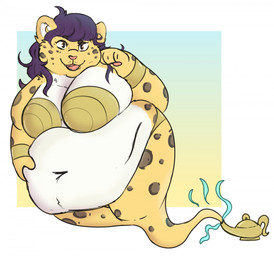 anthro beckoning big_breasts black_hair bra breasts clothing countershading cuff_(restraint) female gesture hair happy holding_belly lamp looking_at_viewer magic_lamp markings obese obese_anthro obese_female open_mouth overweight overweight_anthro overweight_female restraints simple_background smile solo spots spotted_body underwear white_body white_countershading wrist_cuffs yellow_body youcrazyforthis gemie felid genie leopard mammal pantherine 2020