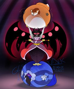 anthro blue_body breasts female group inflation orange_body red_eyes simple_background spherical_inflation text trio wings thatoneaceguy nintendo pokemon altered_forme_giratina canid canine canis fox generation_4_pokemon giratina legendary_pokemon mammal pokemon_(species) wolf 2024 5:6 english_text hi_res