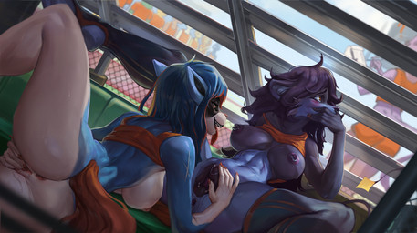 anal_piercing animal_genitalia animal_vulva anthro anus areola blush bodily_fluids bottomless bottomless_anthro bottomless_female bottomwear breasts butt canine_genitalia canine_vulva clothed clothing female female/female fingering fingering_self fur genital_fluids genital_piercing genitals hair half-closed_eyes hand_on_mouth labia_piercing leaking legwear masturbation narrowed_eyes nipple_piercing nipples open_mouth piercing pussy_juice_leaking raised_clothing raised_topwear shorts smile spread_legs spreading stadium standing stirrup_legwear stirrup_stockings stockings tail tongue tongue_out topwear vaginal vaginal_fingering vaginal_fluids vaginal_masturbation vulva vulva_piercing ksaiden canid canine canis fox mammal digital_media_(artwork) hi_res