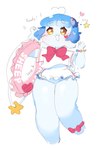 anthro blue_hair blush bow_ribbon bracelet clothing frilly glistening_thighs hair happy heart_symbol jewelry leg_bracelet lifebuoy sailor_suit smile solo star swimwear text thick_thighs scorci chelsi bovid caprine mammal sheep 2025 english_text hi_res