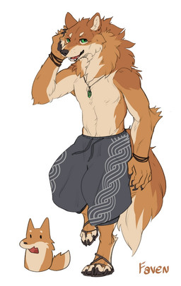 anthro bottomwear bracelet claws clothed clothing digitigrade finger_claws footwear fur green_eyes jewelry male neck_tuft necklace open_mouth pants paws pendant sandals shoes simple_background solo standing tail tan_body tan_fur teeth toe_claws topless topless_anthro topless_male tuft white_background favenirr favenirr_(character) canid canine canis mammal wolf 2026 digital_media_(artwork) signature