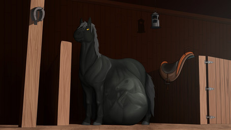 abdominal_bulge belly big_belly black_body black_fur feral feral_pred fur male same_size_vore stable vore alovion equid equine horse mammal 16:9 widescreen