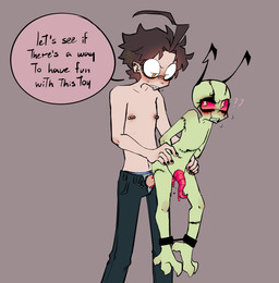 3_toes aged_up ahoge alien_genitalia anal anal_penetration ankle_cuffs antennae_(anatomy) anthro bald blush bodily_fluids clothed clothing cuff_(restraint) dialogue doll duo ear_piercing facial_hair feet forced genitals green_body green_skin hair hind_toe male male/male nipple_piercing nipples partially_clothed penetration penis penis_tentacles piercing pink_penis questionable_consent rape restrained restraints reverse_stand_and_carry_position sex size_difference speech_bubble standing standing_sex stitch_(sewing) tentacles text toes toony topless topless_male sxckbug invader_zim nickelodeon dib_membrane zim_(invader_zim) alien alien_humanoid human humanoid irken mammal scalie english_description english_text hi_res
