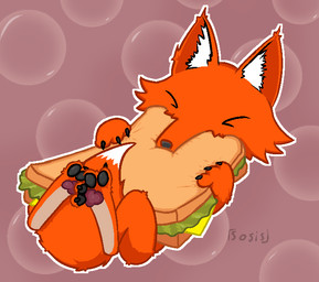 ambiguous_gender bite eyes_closed feral food pattern_background sandwich_(food) simple_background solo toony sosis canid canine fox mammal