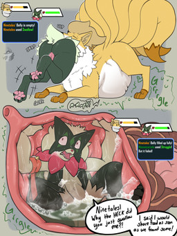 abdominal_bulge belly big_belly bodily_fluids chyme feral feral_pred game_ui gameplay_mechanics gui guts health_bar internal intestines muffled_speech mystery_dungeon_badge oral_vore organs prey_imprint quadruped rumbling_stomach same_size_vore steam stomach stomach_acid swallowing swallowing_sound_effect text vore arkailart nintendo pokemon pokemon_mystery_dungeon spike_chunsoft generation_1_pokemon generation_9_pokemon meowscarada ninetales pokemon_(species) 3:4 absurd_res comic english_text hi_res