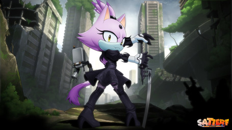 anthro boots bottomwear city clothing dipstick_tail eyelashes fangs female footwear fur gloves handwear high_heeled_boots high_heels legwear machine markings melee_weapon outside purple_body purple_fur shoes skirt solo sword tail tail_markings teeth thigh_boots thigh_highs weapon white_body white_fur yellow_eyes satierf nier_automata platinumgames sega sonic_the_hedgehog_(series) blaze_the_cat yorha_2b domestic_cat felid feline felis mammal robot 16:9 2025 4k absurd_res hi_res widescreen