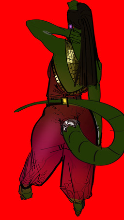 accessory anthro belt brown_hair butt clothing footwear green_body gynomorph hair hair_accessory hand_behind_neck harem_pants high_heels intersex jewelry long_hair raised_arm raised_tail rear_view shoes solo standing tail wide_hips brothersmiler abigail_(wsad) anole carolina_anole lizard reptile scalie 9:16 hi_res