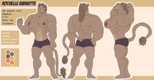 abs anthro areola back_muscles biceps big_breasts big_muscles biped breasts brown_body brown_fur brown_nipples butt clothed clothing color_swatch dreadlocks female fur furgonomics hair hair_over_eye hand_on_hip huge_muscles multiple_poses muscular muscular_anthro muscular_female nipples one_eye_obstructed open_mouth orange_eyes pecs pecs_with_breasts pose sharp_teeth side_view solo standing tail tail_clothing teeth text topless turnaround underwear ritts rochelle_barnette felid lion mammal pantherine 2015 english_text flat_colors hi_res model_sheet