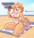 ahoge anthro beach beach_towel big_breasts bikini blue_eyes breasts cleavage clothed clothing day female frisbee glint gold_bikini hair holding_object kneeling long_hair looking_at_viewer neck_tuft open_mouth orange_hair outline outside planet pose sand sea sky solo sparkles speech_bubble swimwear tail talking_to_viewer text tongue tongue_out towel tuft two-piece_swimsuit water white_outline yokozuwari artsens8 golden_week bird_dog canid canine canis domestic_dog golden_retriever hunting_dog mammal retriever digital_drawing_(artwork) digital_media_(artwork) english_text hi_res watermark
