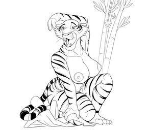 anthro anthrofied areola big_breasts breasts crossgender duo fangs female female_on_human fur half-closed_eyes human_on_anthro interspecies larger_anthro larger_female male male/female male_on_anthro narrowed_eyes nipples open_mouth size_difference smaller_human smaller_male striped_body striped_fur stripes teeth tongue zokva disney the_jungle_book anon shere_khan bengal_tiger felid human mammal pantherine tiger 2020 black_and_white hi_res monochrome