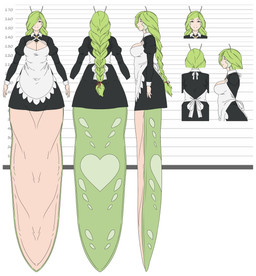 antennae_(anatomy) apode apron big_breasts black_clothing black_dress breasts cleavage clothed clothing dress female green_body green_hair hair heart_(marking) legless maid_uniform markings serpentine simple_background smile solo uniform white_apron white_background white_clothing randomtanstudio ryu's_non_monster_cafe loo_(randomtanstudio) animal_humanoid draconcopode gastropod gastropod_humanoid humanoid mollusk mollusk_humanoid slug_humanoid hi_res model_sheet