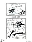 ambiguous_gender bodily_fluids drooling feral humor pillow saliva solo speech_bubble text simkaye raccoon_comic_(simkaye) coon_(simkaye) mammal procyonid raccoon 2020 comic english_text monochrome signature