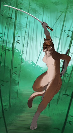 anthro female forest katana melee_weapon plant solo sword tree weapon skullsbesan aurea asian_golden_cat catopuma felid feline mammal absurd_res hi_res