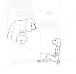 anthro bathroom duo female holding_belly holding_stomach male young young_anthro southnorth canid canine canis domestic_dog mammal hi_res monochrome sketch