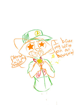 anthro boy_scout broken_bone male pupils scouts simple_background star_pupils symbol-shaped_pupils text unusual_pupils white_background young young_anthro masiewtf disney zootopia nick_wilde canid canine fox mammal red_fox true_fox english_text hi_res