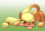 alternate_species blonde_hair eyelashes feral fur green_eyes hair object_in_mouth simple_background solo tan_body tan_fur transformation yajima friendship_is_magic hasbro my_little_pony applejack_(mlp) canid canine canis domestic_dog equid equine horse mammal pony 2014