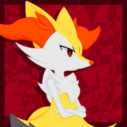 3_fingers 3_toes abstract_background ambiguous_gender anthro arm_tuft black_body black_fur border cheek_tuft chest_tuft crossed_arms expressionless eyelashes facial_tuft feet fingers fur inner_ear_fluff looking_away orange_body orange_fur orange_nose red_eyes semi-anthro shoulder_tuft solo tail toes tuft white_body white_fur yellow_body yellow_fur renbxn nintendo pokemon braixen canid canine fox generation_6_pokemon mammal pokemon_(species) 1:1 2025 hi_res