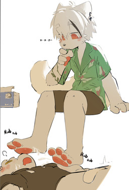 4_fingers 4_toes ahoge anthro athletic athletic_anthro athletic_male balls bangs black_clothing black_highlights black_hoodie black_nose black_sweater black_topwear blush blush_lines bodily_fluids bottomless bottomless_anthro bottomless_male bottomwear brown_bottomwear brown_clothing brown_shorts cheek_tuft clothed clothing cross cross_ear_piercing cross_ear_ring cross_piercing cum cum_on_feet cumshot cumshot_on_face discarded_socks dominant dominant_anthro dominant_male drooling duo ear_piercing ear_ring ejaculation erection eyebrow_through_hair eyebrows eyeless facial_markings facial_tuft feet fingers foot_fetish foot_focus foot_play footjob forehead_markings fur genital_fluids genitals green_clothing green_shirt green_topwear hair head_markings highlights_(coloring) hoodie looking_down male male/male markings open_mouth orange_eyes pawpads penile piercing pink_pawpads ring_piercing saliva sex shirt shorts simple_background socks_removed submissive submissive_anthro submissive_male sweater tattoo teasing_with_feet tissue tissue_box toes topwear translucent translucent_hair tuft vine_tattoo white_background white_body white_fur white_hair yellow_body yellow_fur chengxiansenowu canid canine canis domestic_dog mammal hi_res